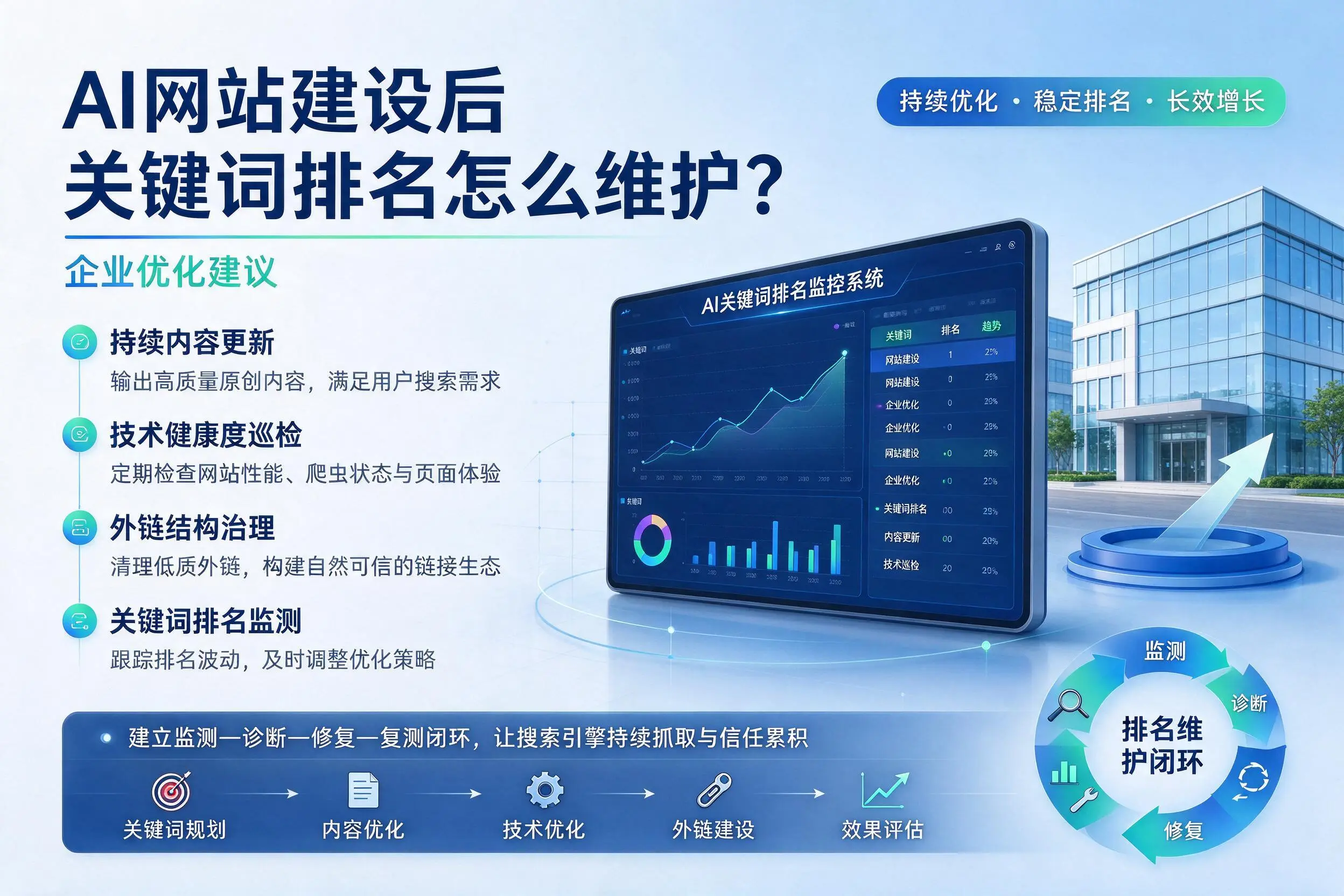 AI网站建设后关键词排名怎么维护?广元企业优化建议