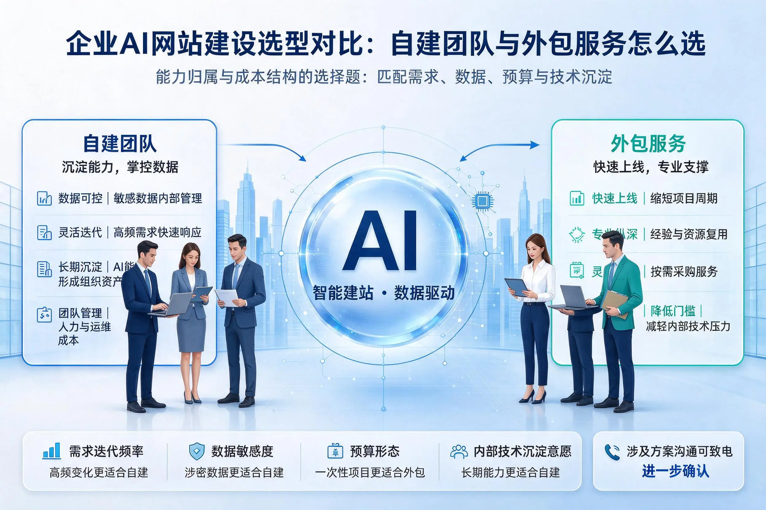 广元企业AI网站建设选型对比：自建团队与外包服务怎么选